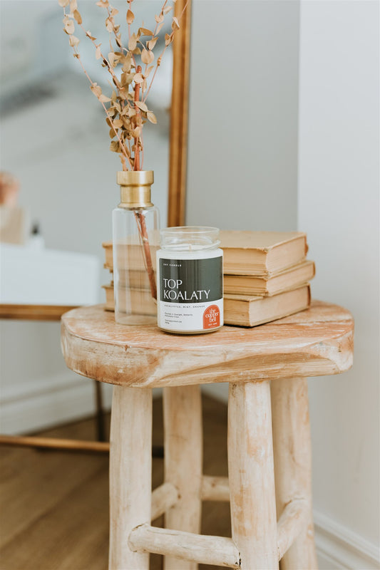 top koalaty candle. eucalyptus, mint and orange scented candle.
