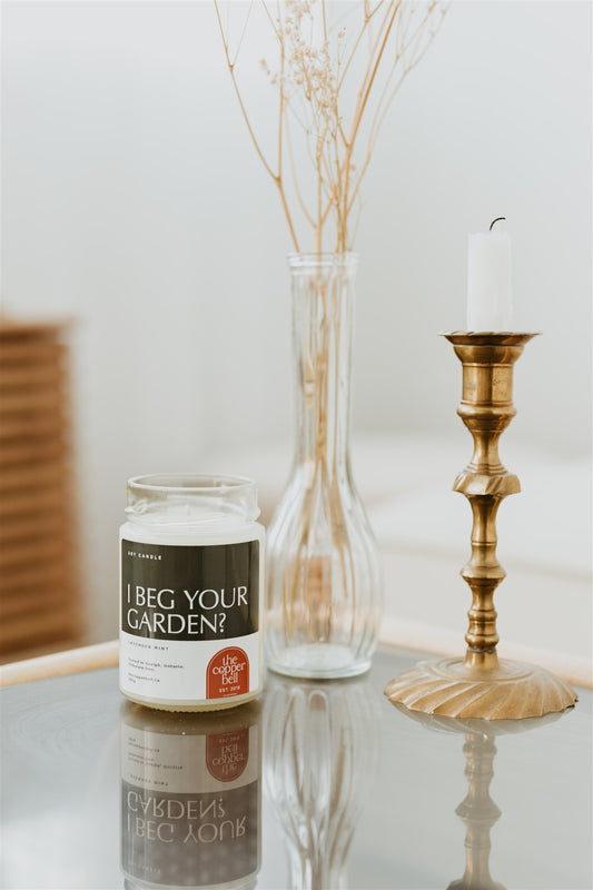 refreshing lavender mint scented candle called i beg your garden.