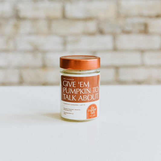 give 'em pumpkin to talk about soy candle. pumpkin caramel latte scented candle made by the copper bell