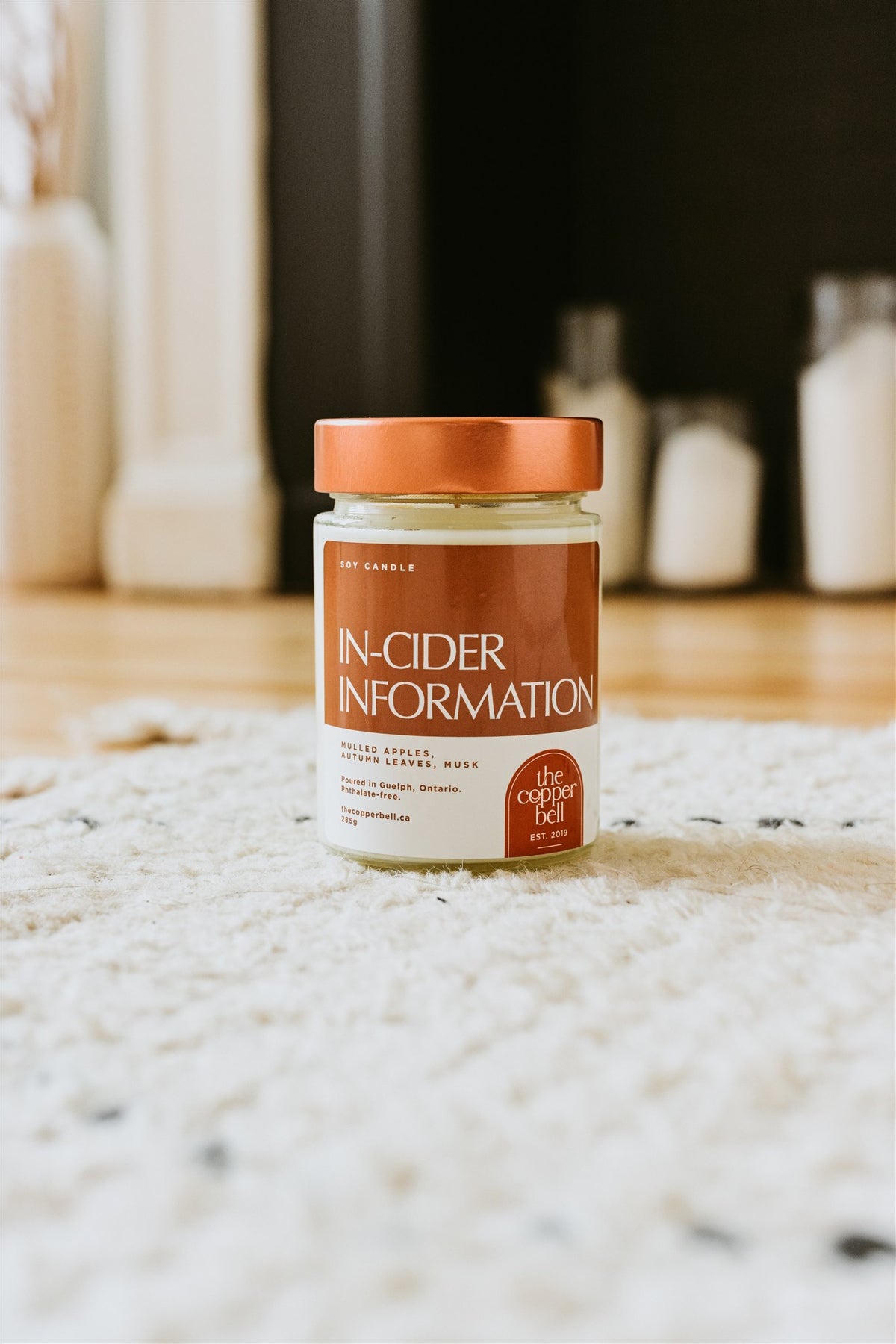 in cider information is a fall favourite. mulled apples, autumn leaves, and musk scented soy candle made by the copper bell