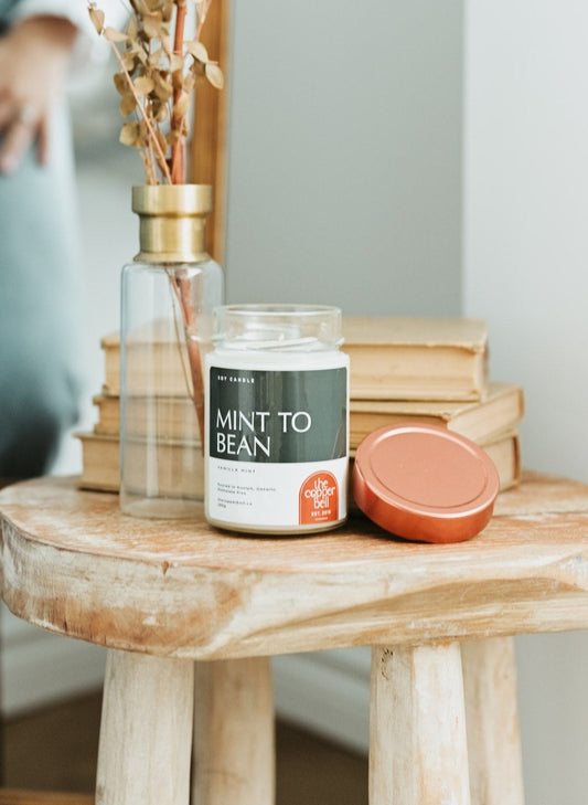 mint to bean soy candle. vanilla mint scented candle made by the copper bell